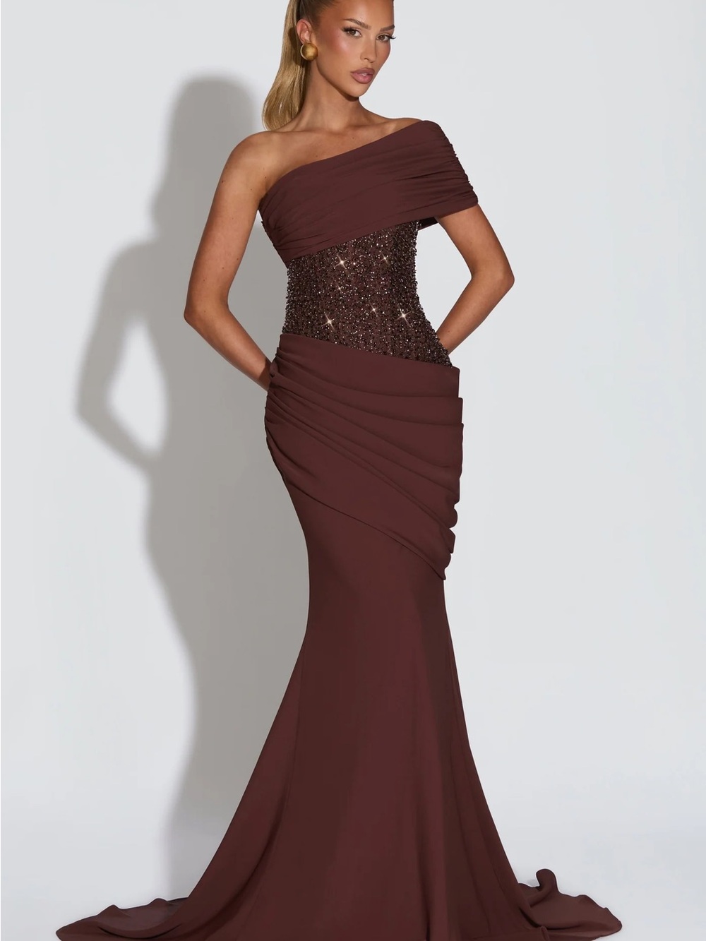 ELLORA GOWN - PLUM BROWN One-Shoulder Brown Sequin-Accented Maxi Gown